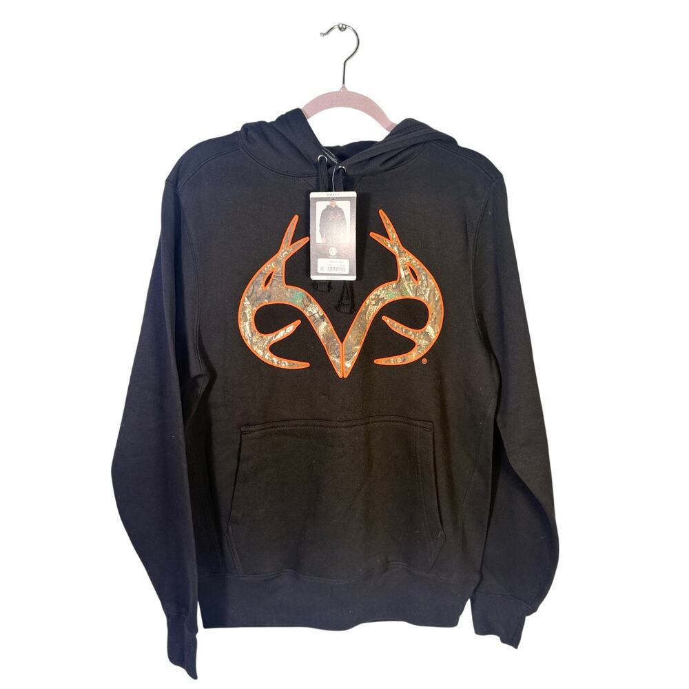 Realtree Men’s Camo Antler Logo Pullover Hoodie Black Orange Small NWT